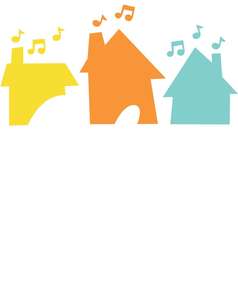 Larchmere PorchFest Logo with three cartoon houses and music notes floating from the rooftops
